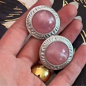 Vintage 80s Oversized Large Sparkling Pink Resin Cabochon and Silver Earrings A2